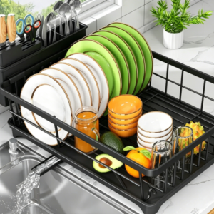 Compact Kitchen Dish Rack – Rust-Resistant Stainless Steel Countertop Drainer (Includes Cutlery Holder) (Black)