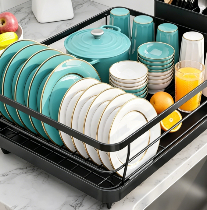 Stainless Steel Kitchen Dish Rack (with Utensil Holder) – Countertop Organizer (Black)